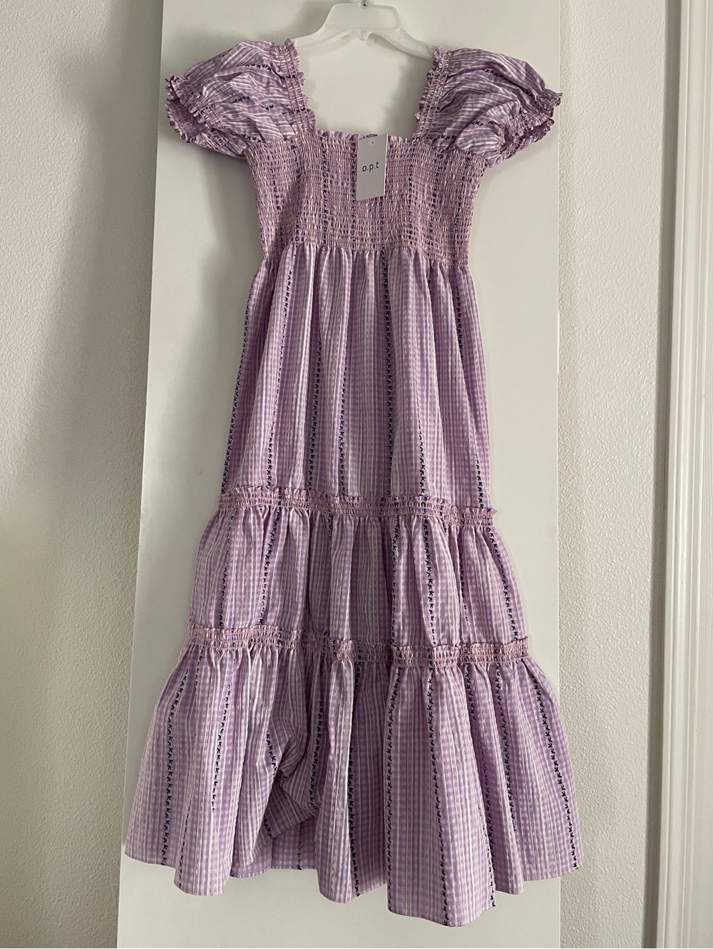 OPT: Cotton Fit & Flare Midi Dress Smocked Tiered Lavender Gingham NWT!